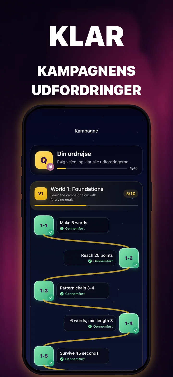 QuickWords-kampagnekort med forbundne udfordringsbaner