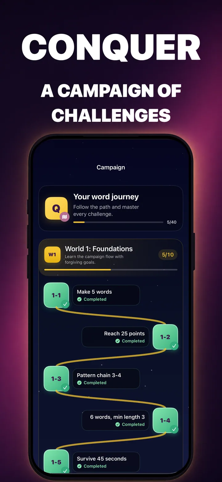 QuickWords campaign map showing connected challenge levels