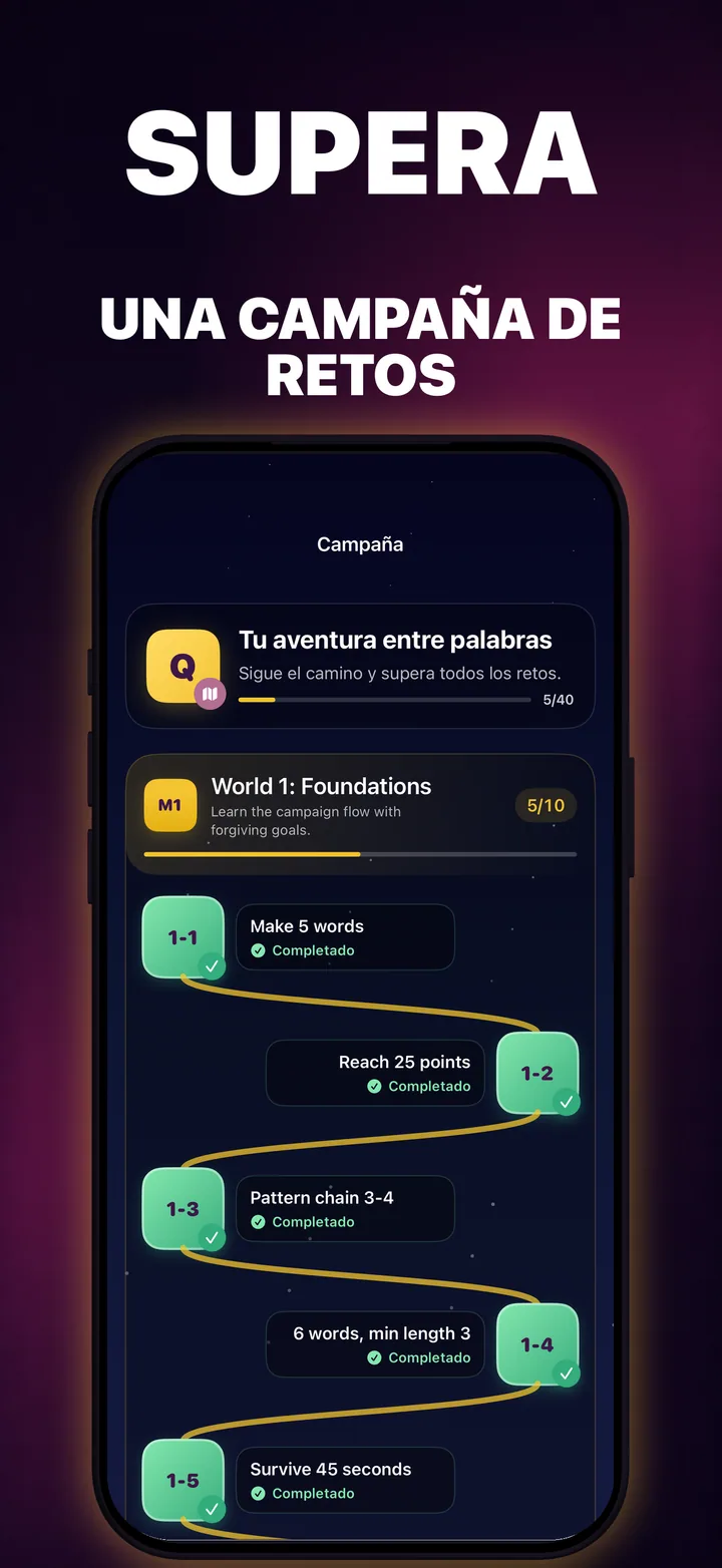Mapa de campaña de QuickWords con niveles conectados