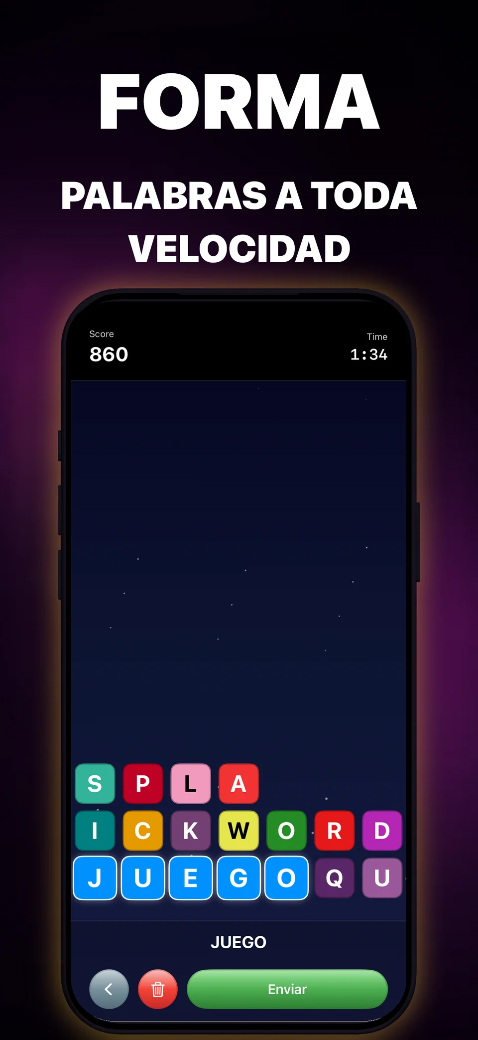 Partida de QuickWords en un iPhone con fichas de letras de colores