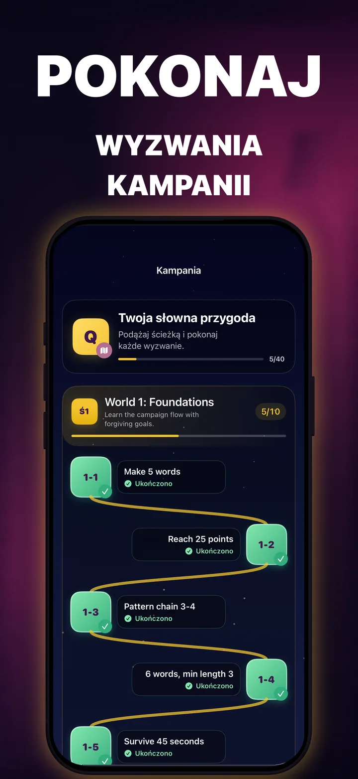Mapa kampanii QuickWords z połączonymi poziomami