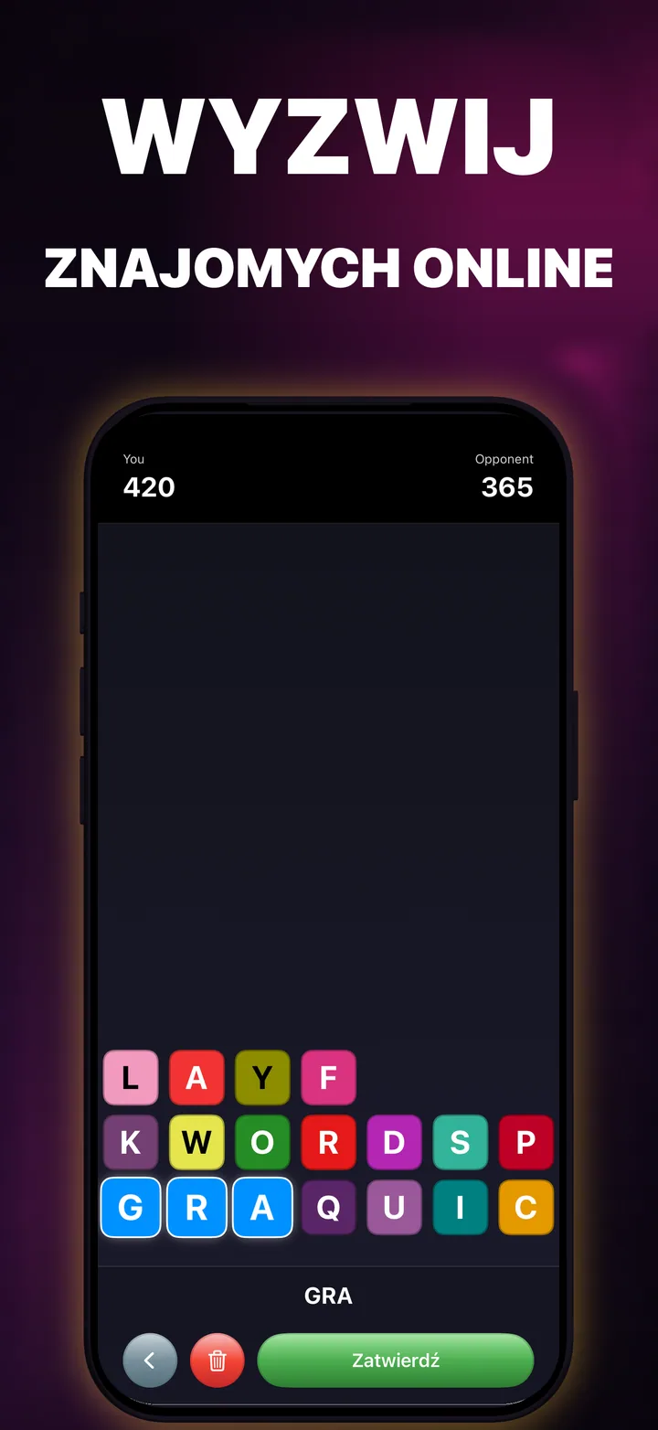 Dwóch graczy QuickWords ściga się na identycznych planszach iPhone